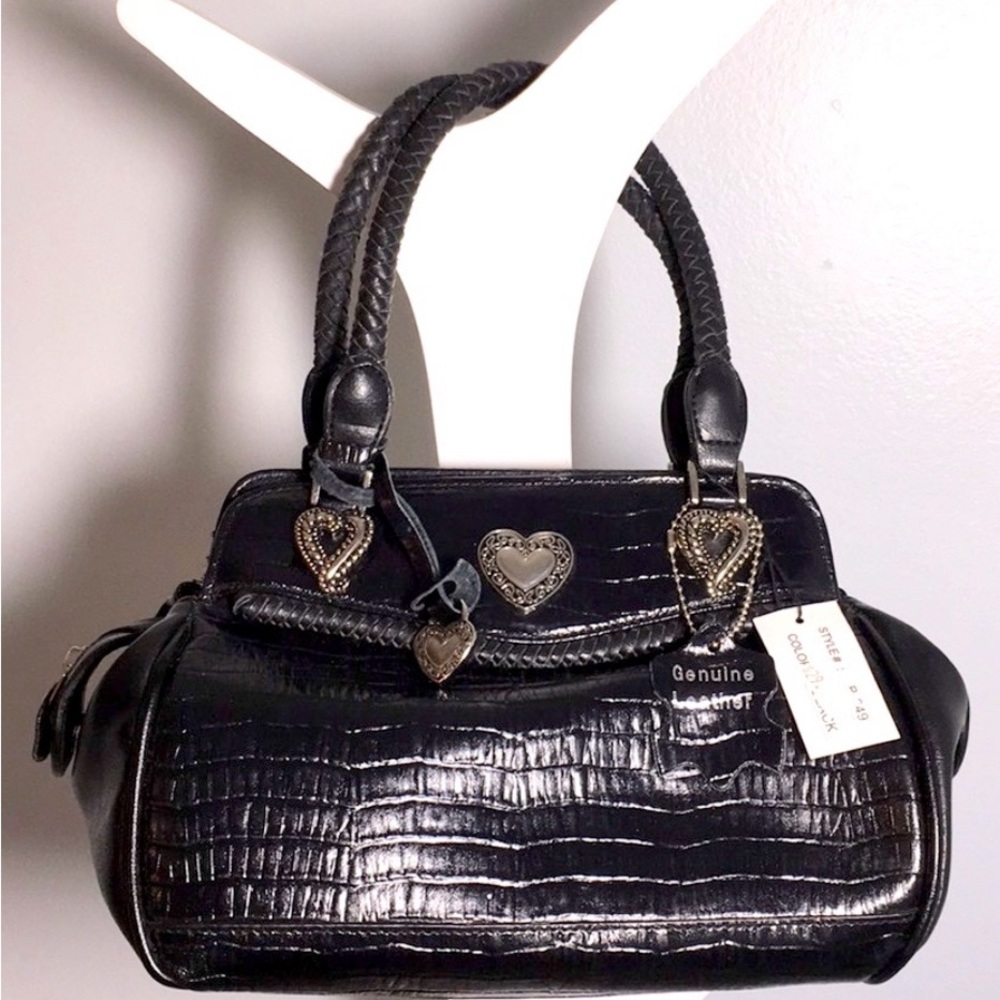 NWT Black Crocodile Embossed Satchel with Silver Heat Accents Genuine Leather.